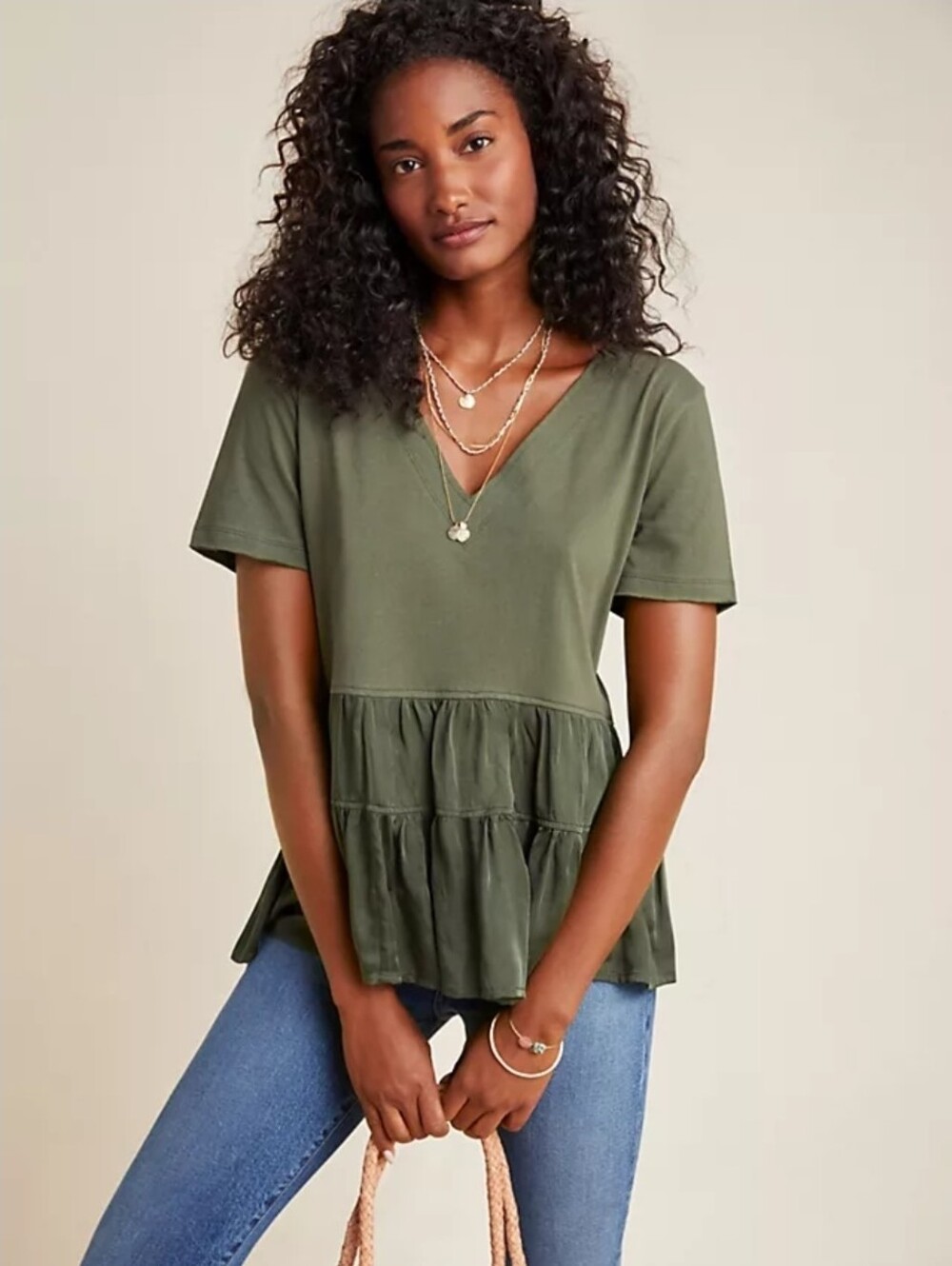ANTHROPOLOGIE MAEVE Luisa Tiered Tee Olive V-Neck Short Sleeve Peplum   Sz Large